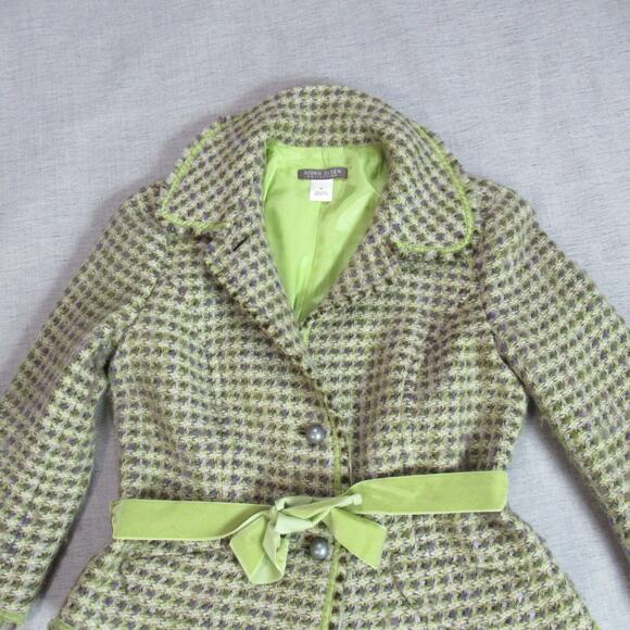 SIGRID OLSEN Jacket Medium Green Tweed Check Velvet Ribbon Belt Vintage Y2K - Picture 3 of 11